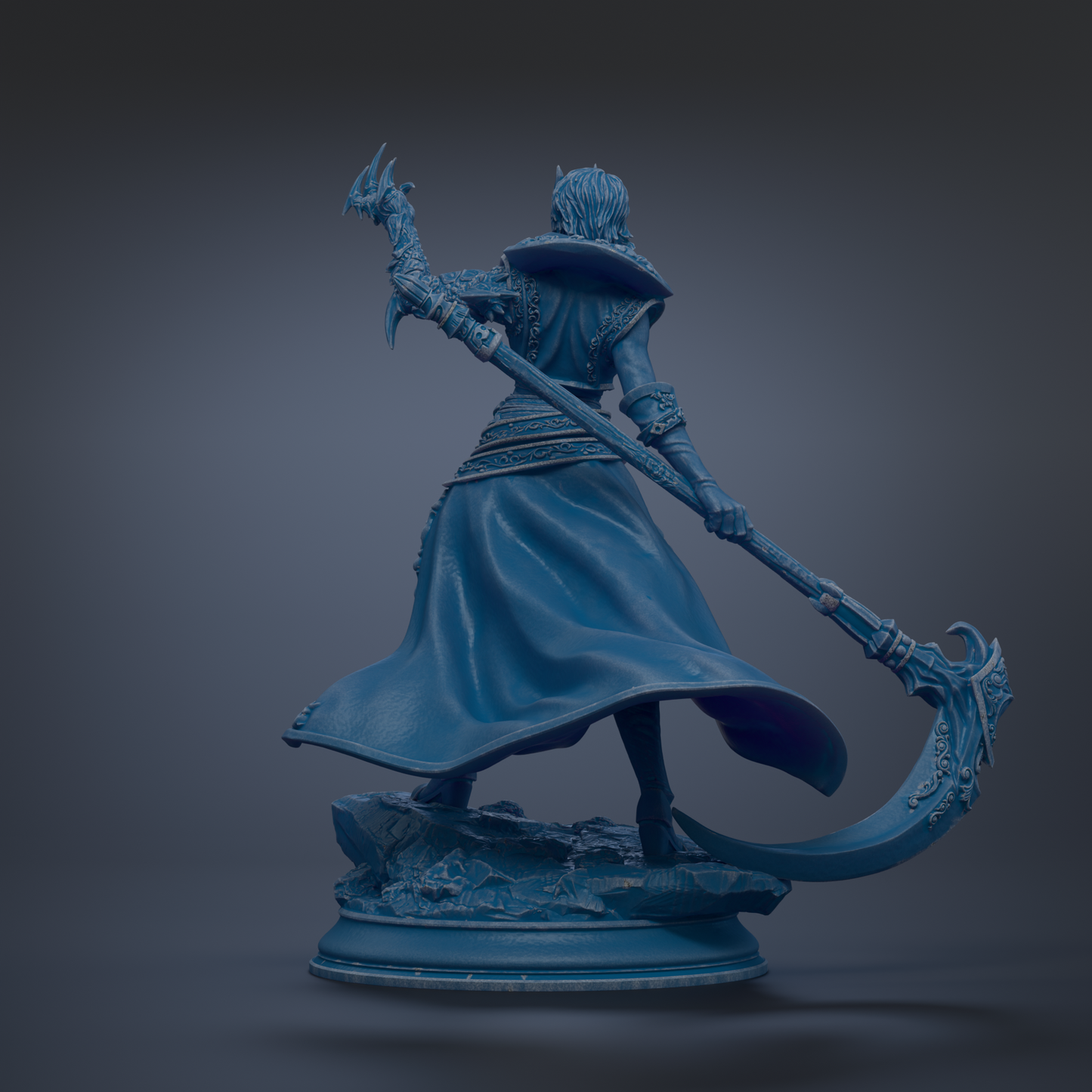 A 3D rendering of a warrior figure in a blue robe and helmet, wielding a large weapon and standing on a rocky platform.
