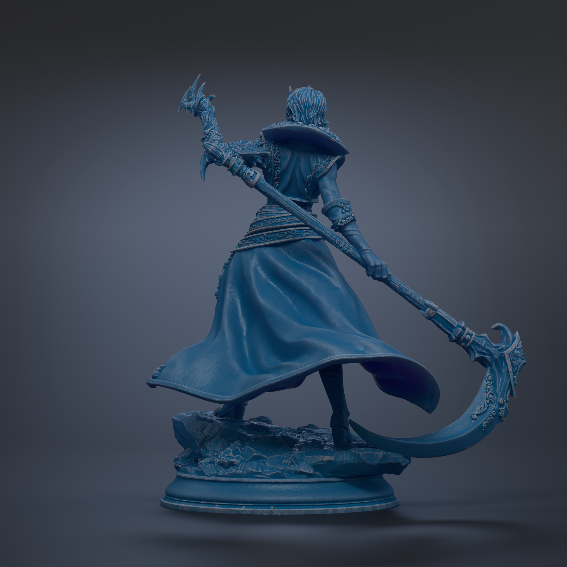 A 3D rendering of a warrior figure in a blue robe and helmet, wielding a large weapon and standing on a rocky platform.