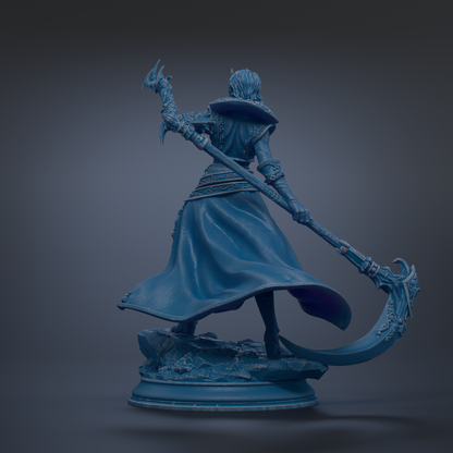 A 3D rendering of a warrior figure in a blue robe and helmet, wielding a large weapon and standing on a rocky platform.