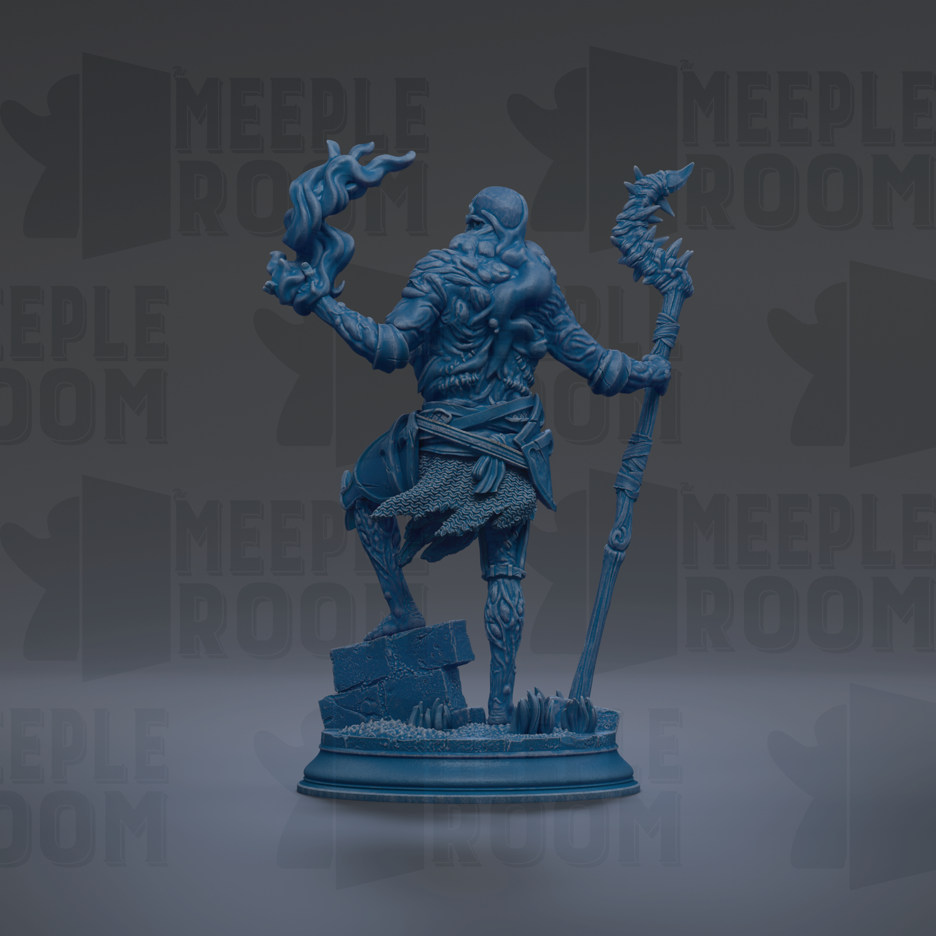 A blue, 3D-rendered statue of a figure holding a staff and a flame, standing on a pedestal.