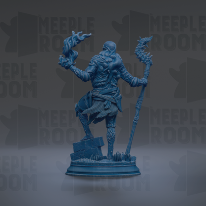 A blue, 3D-rendered statue of a figure holding a staff and a flame, standing on a pedestal.