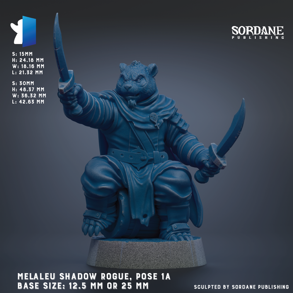 a figurine of a character with a sword, wearing a cape and a cape-like garment. The figurine is sitting on a pedestal and is the main focus of the image. The figurine is described as a "Malleu Shadow Rogue" and is shown in a pose with one arm raised and the other holding a sword. The figurine is described as being "12.5 mm" or "25 mm" in size, depending on the perspective. The image is published by Sordane Publishing.