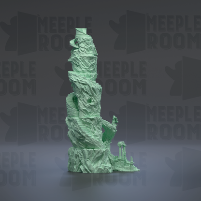 A green, sculpted tower with a spiral staircase on top, set against a dark background with repeated text.