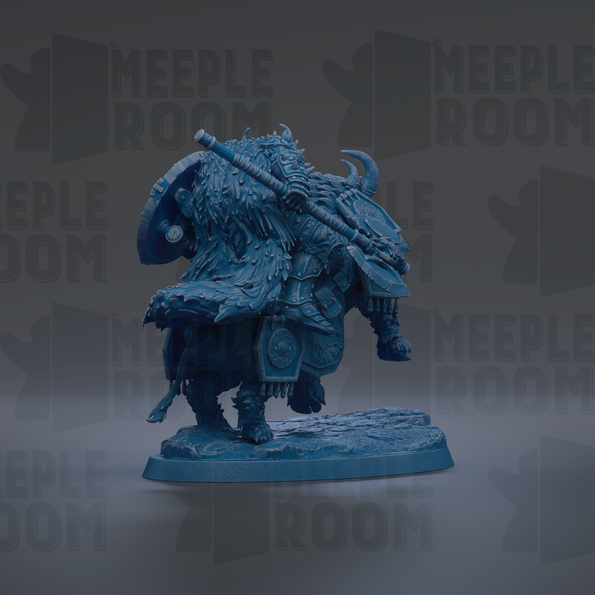 A blue, detailed figurine of a warrior standing on a platform, with a shield and sword in hand.