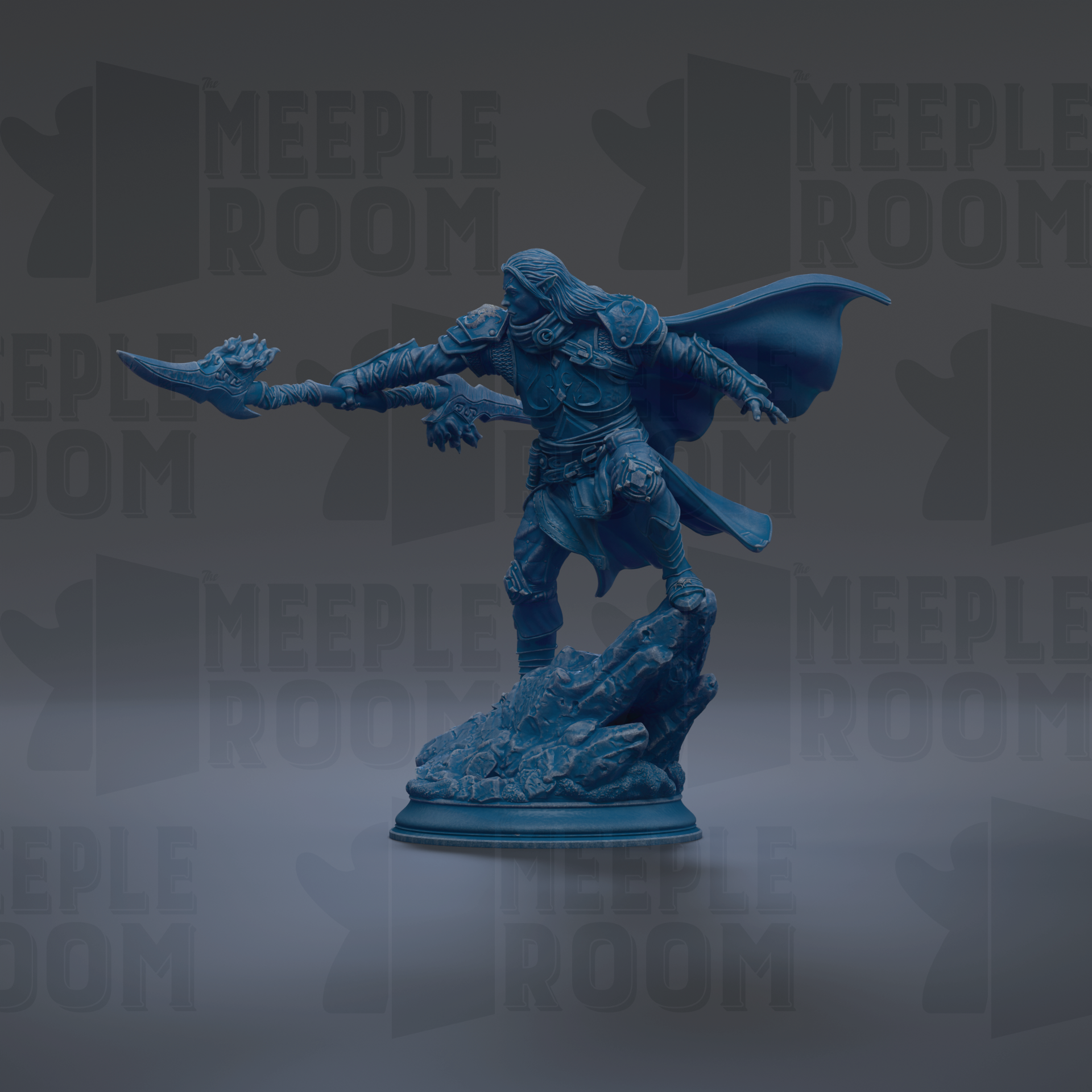 A blue figurine of a warrior wielding a sword and shield stands on a rock formation against a dark background with repeated text.