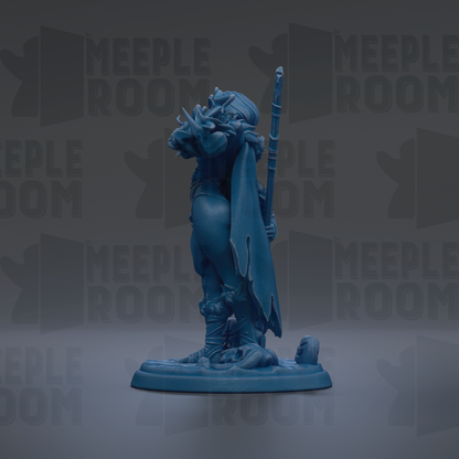 A blue figurine of a person standing on a base, holding a staff or weapon, against a dark background with repeated text.