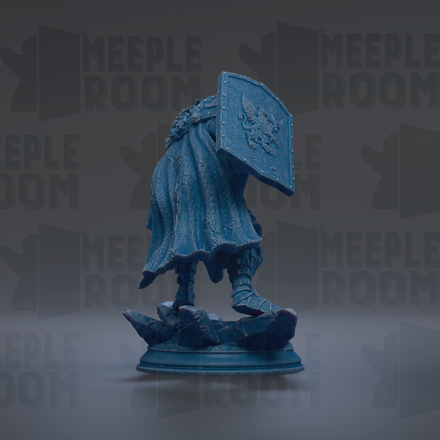 A blue statue of a person standing on a rock, wearing a shield with a lion design.
