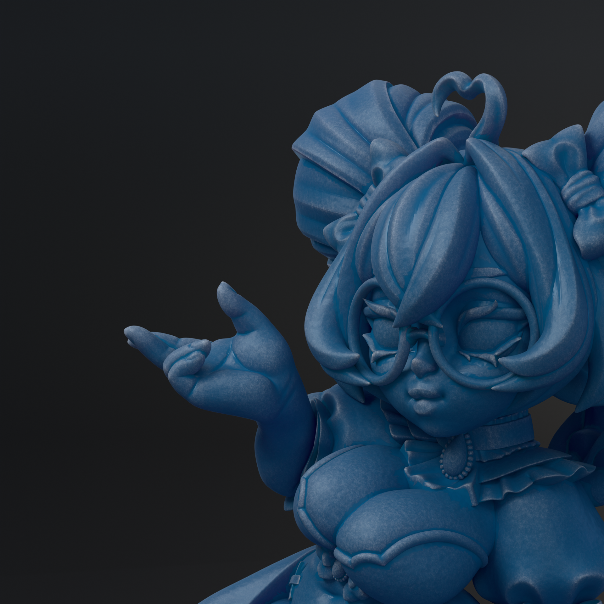 A close-up of a blue, 3D-rendered character with intricate details and a whimsical expression.
