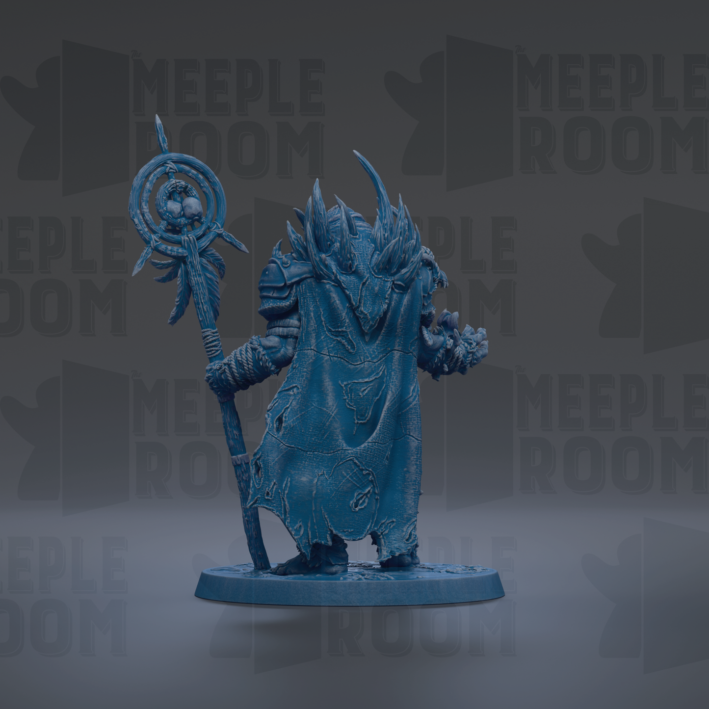 A blue, 3D-rendered fantasy character holding a staff and a shield, standing against a dark background with repeated text.