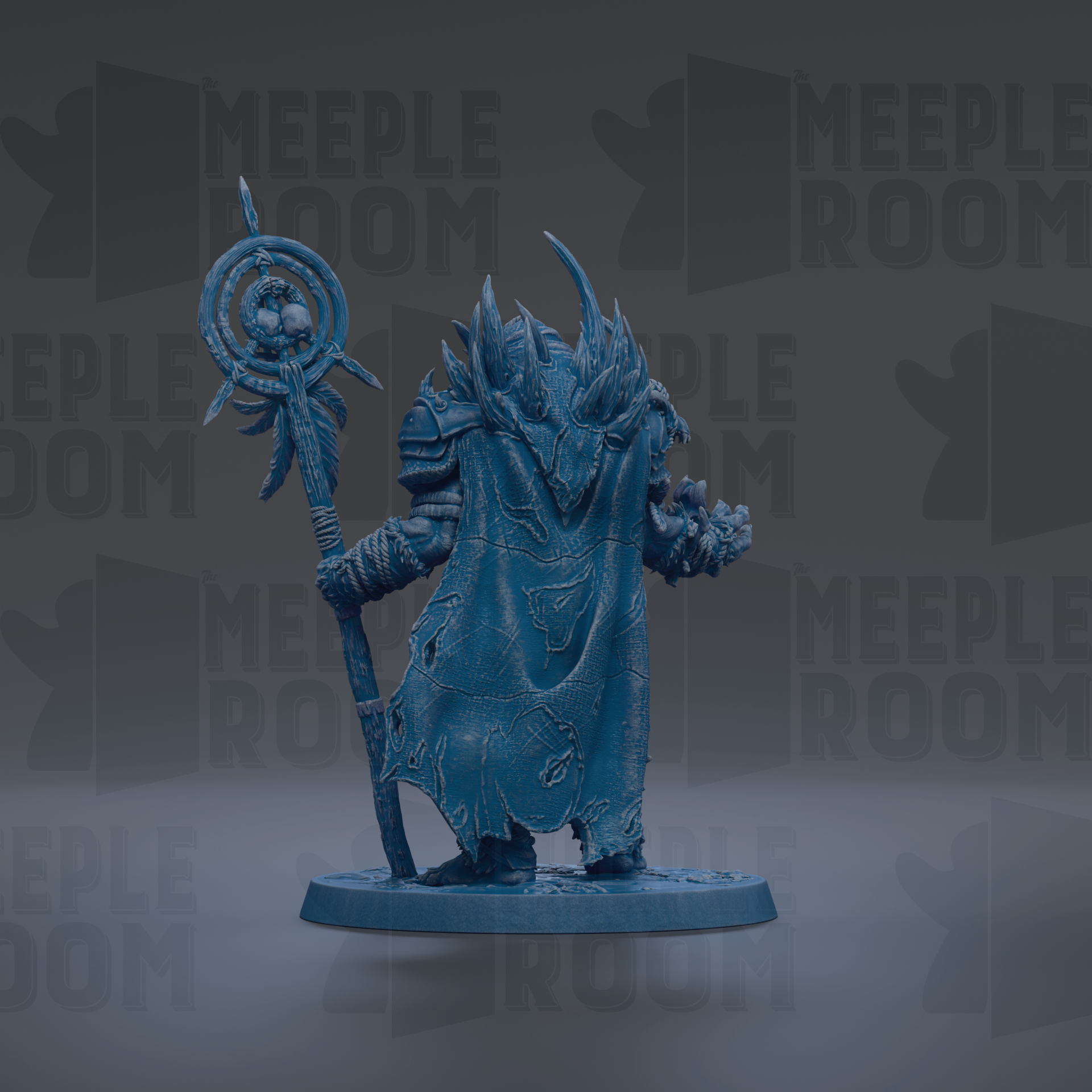 A blue, 3D-rendered fantasy character holding a staff and a shield, standing against a dark background with repeated text.