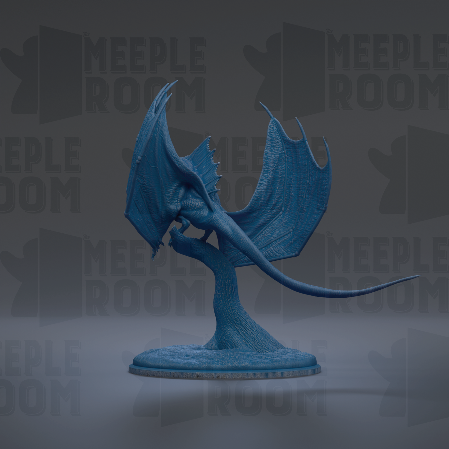 A blue dragon figurine is displayed on a stand against a dark background with repeated text.