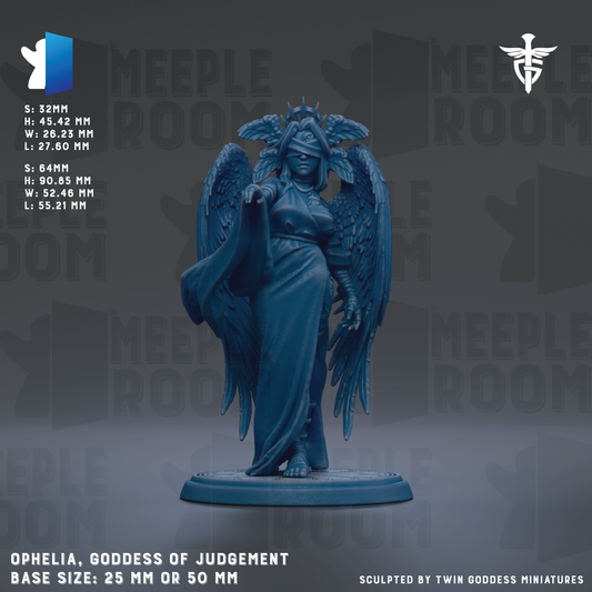 a statue of a winged female figure, possibly a goddess or deity, with a flowing robe and a crown. The statue is displayed on a pedestal, and the background has a repeating pattern of the word "MEIPLE ROOM". The image is described as a "MEIPLE ROOM" collage, which suggests that it is a collection of images related to the theme of the "MEIPLE ROOM" series. The base size of the statue is either 25mm or 50mm, depending on the specific description provided.