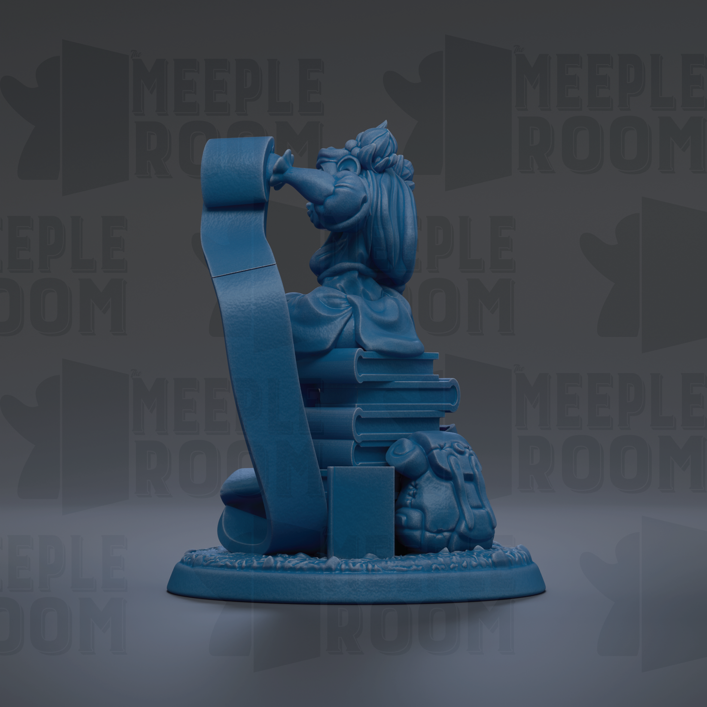A blue figurine of a person sitting on a stack of books, with a large scroll or parchment in front of them.