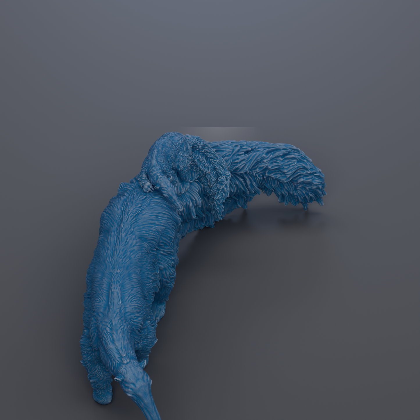 A blue, furry dinosaur-like creature is shown in a close-up view against a dark background.