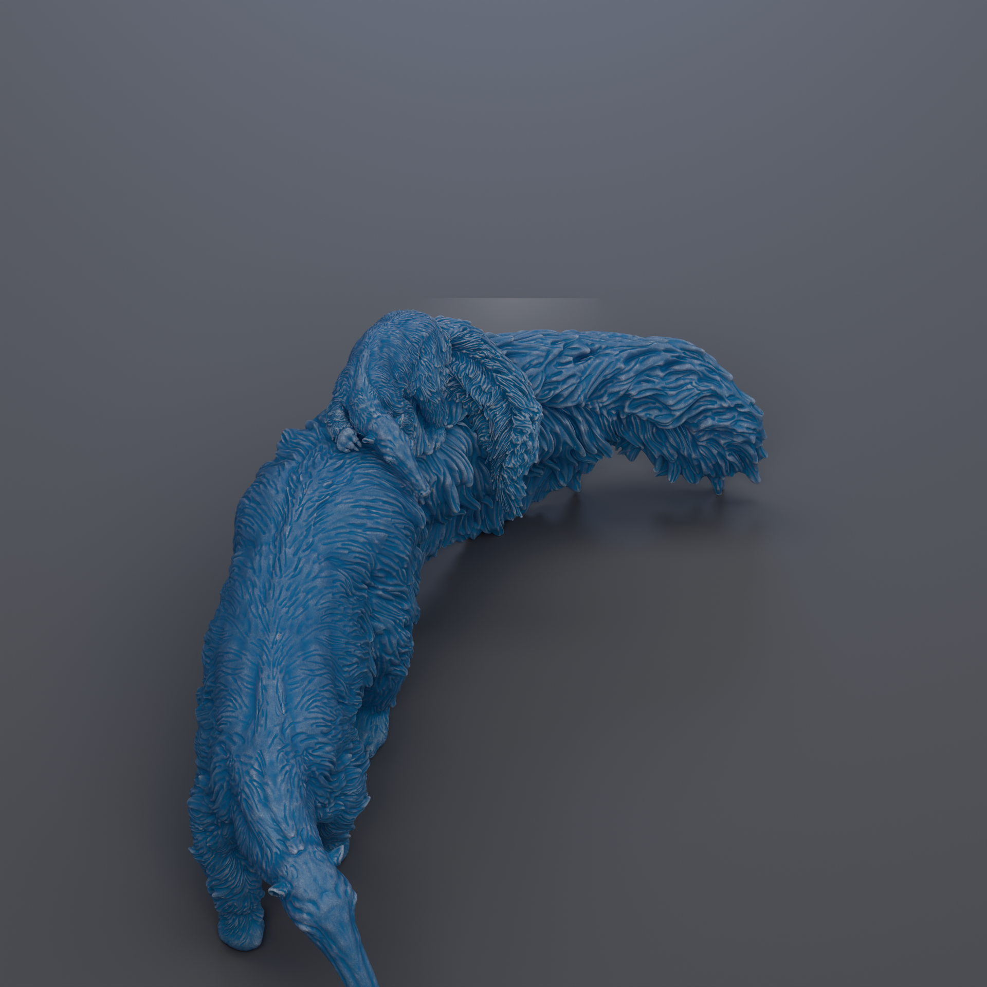 A blue, furry dinosaur-like creature is shown in a close-up view against a dark background.