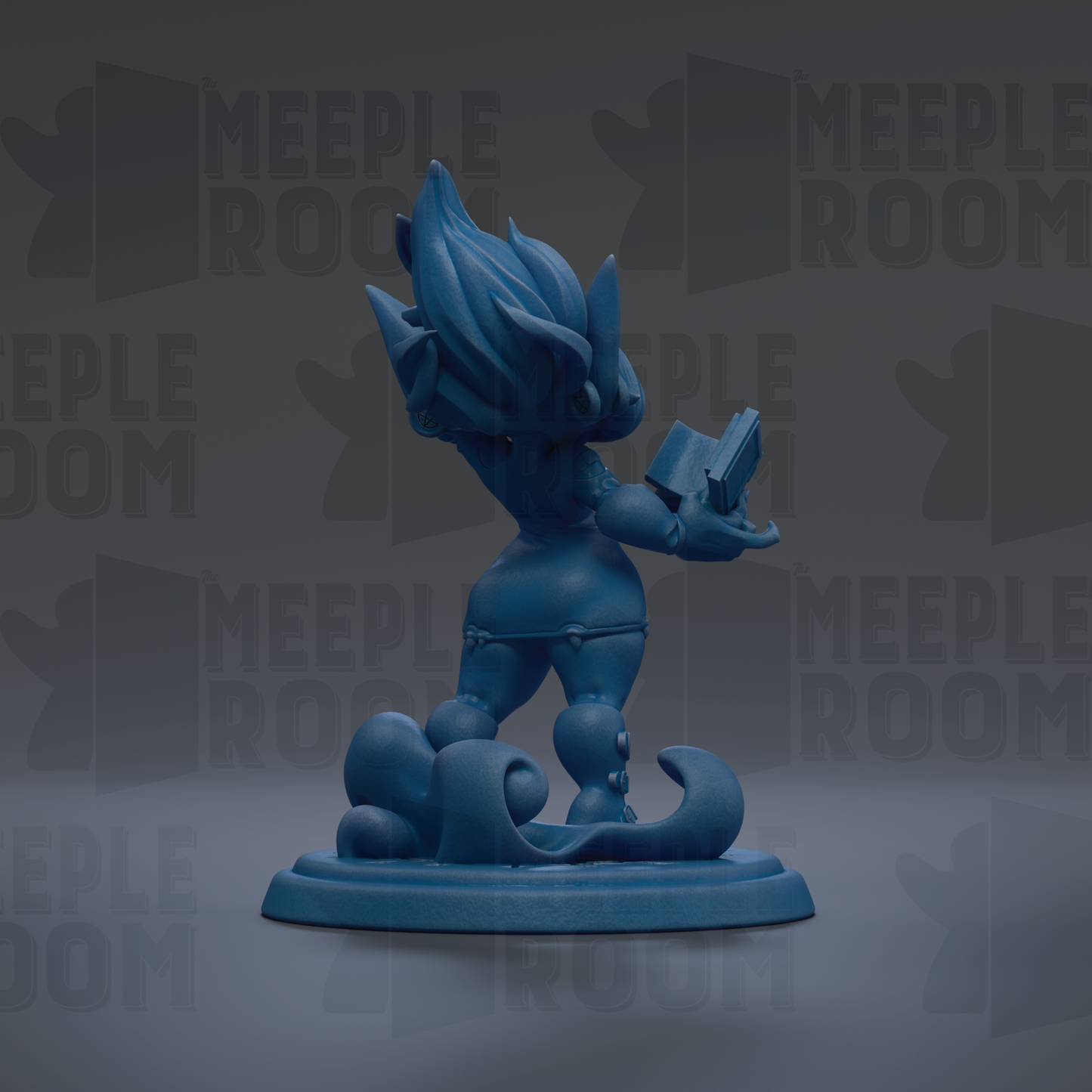 A blue figurine of a character with a book in its hand, standing on a platform with a wave-like design.