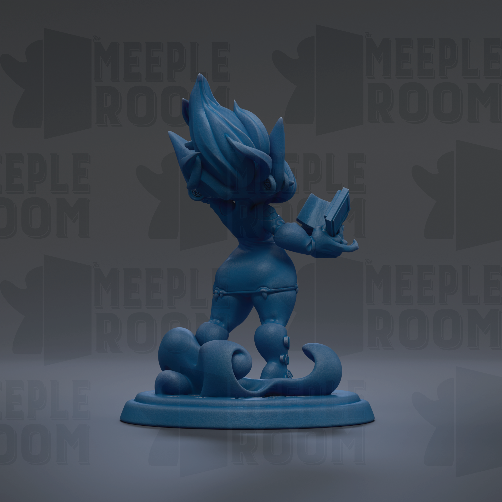 A blue figurine of a character with a book in its hand, standing on a platform with a wave-like design.