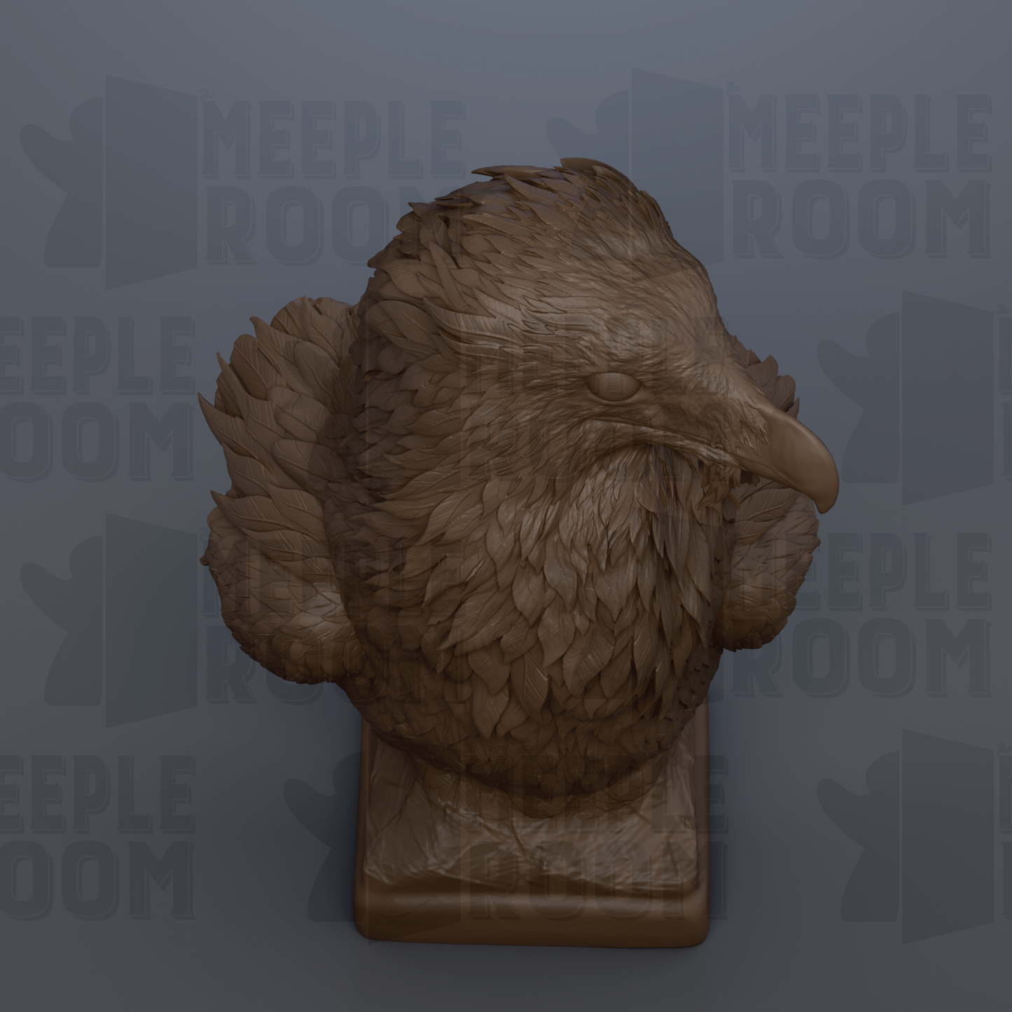 A 3D rendering of a bird statue, likely a sculpture, displayed against a gray background with the text "MEUPLE ROOM" repeated multiple times.