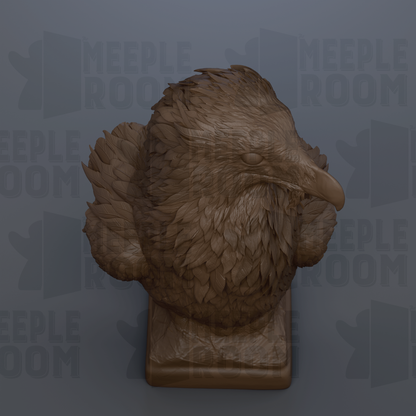 A 3D rendering of a bird statue, likely a sculpture, displayed against a gray background with the text "MEUPLE ROOM" repeated multiple times.