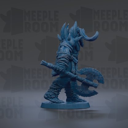 A blue figurine of a warrior-like character holding a large weapon, standing against a dark background with repeated text.