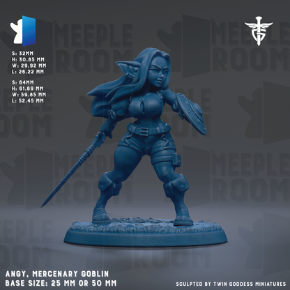 The image is a figurine of a female character, specifically a mercenary goblin, with a sword in her hand. The figurine is standing on a base and is described as being 25mm or 50mm in size. The figurine is sculpted by Twin Goddess Miniatures.