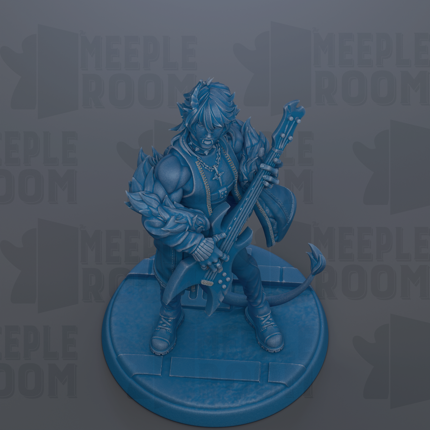 A blue figurine of a person playing a guitar, standing on a circular base.