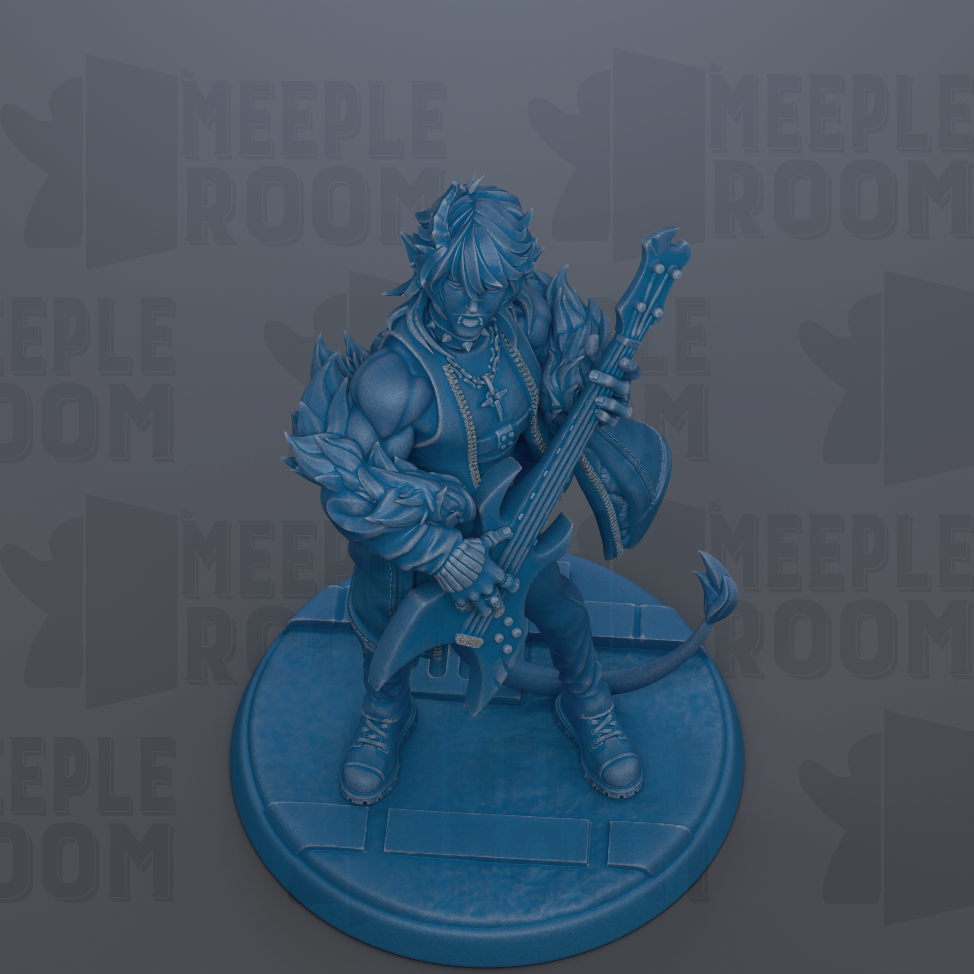 A blue figurine of a person playing a guitar, standing on a circular base.