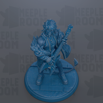 A blue figurine of a person playing a guitar, standing on a circular base.