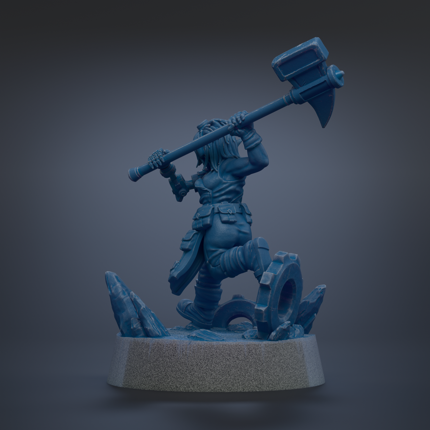 A blue figurine of a warrior wielding a large hammer, standing on a rocky base.