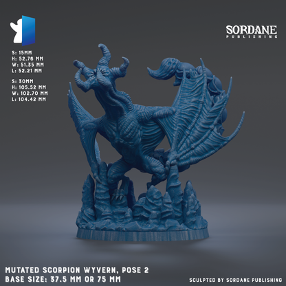 The image is a 3D rendering of a blue, winged creature resembling a dragon or mythical creature. The creature has horns and a tail, and it is posed in a dynamic, action-like manner. The image is described as a "mutated scorpion" and is shown in a pose that suggests movement or action. The base size of the figure is 2.75 mm or 75 mm, depending on the perspective. The image is published by Sordane Publishing.