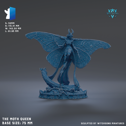 a figurine of a butterfly-like creature with wings spread wide, standing on a base. The figurine is described as a base size of 75 mm and is sculpted by Witchesong Miniatures.
