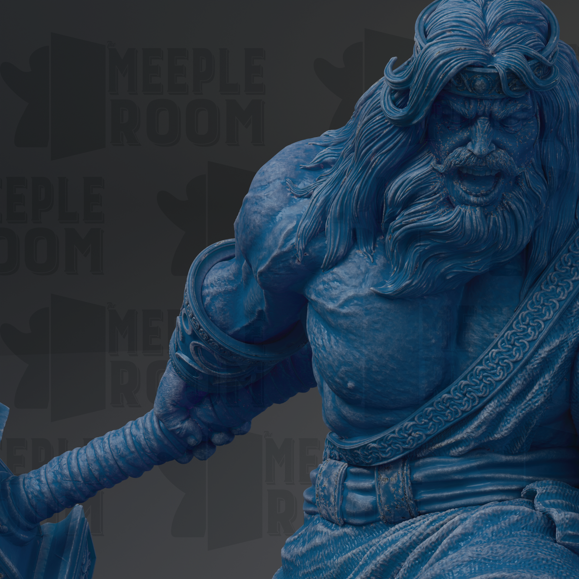 A close-up of a blue statue depicting a muscular, bearded figure wielding a weapon.