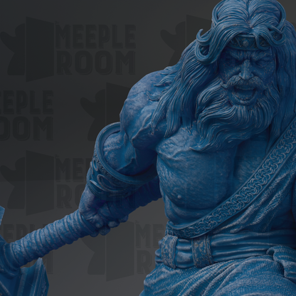 A close-up of a blue statue depicting a muscular, bearded figure wielding a weapon.
