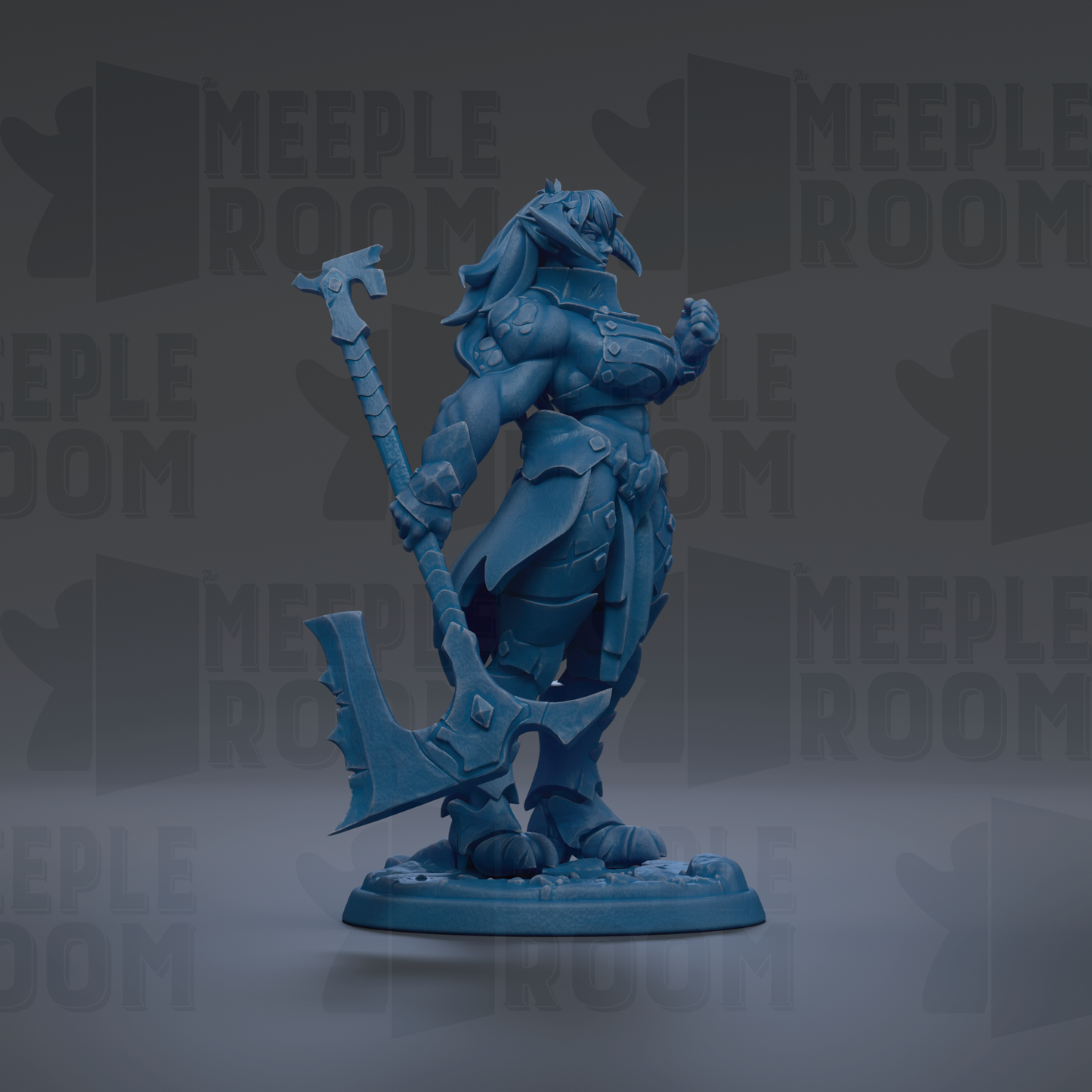 A blue figurine of a warrior-like character holding a large weapon, standing on a platform against a dark background with repeated text.