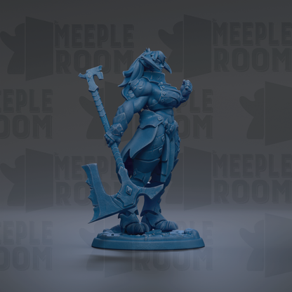 A blue figurine of a warrior-like character holding a large weapon, standing on a platform against a dark background with repeated text.
