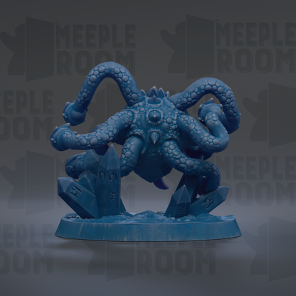 A blue, octopus-like creature with multiple tentacles and a large head, standing on a base with crystals or rocks.