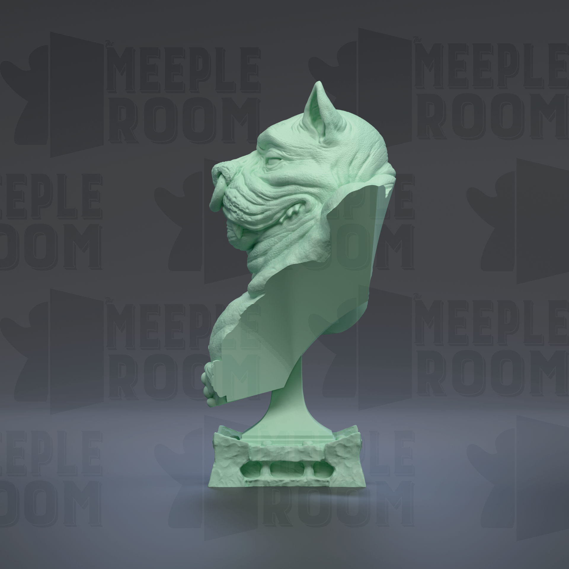 A green bust sculpture of a dog's head is displayed against a dark background with repeated text.