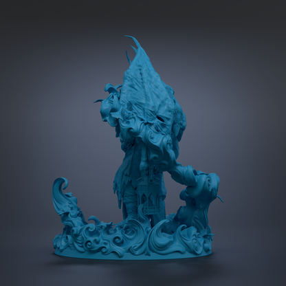 A 3D rendering of a fantastical, blue-colored creature with a pointed head and intricate, swirling patterns surrounding it.