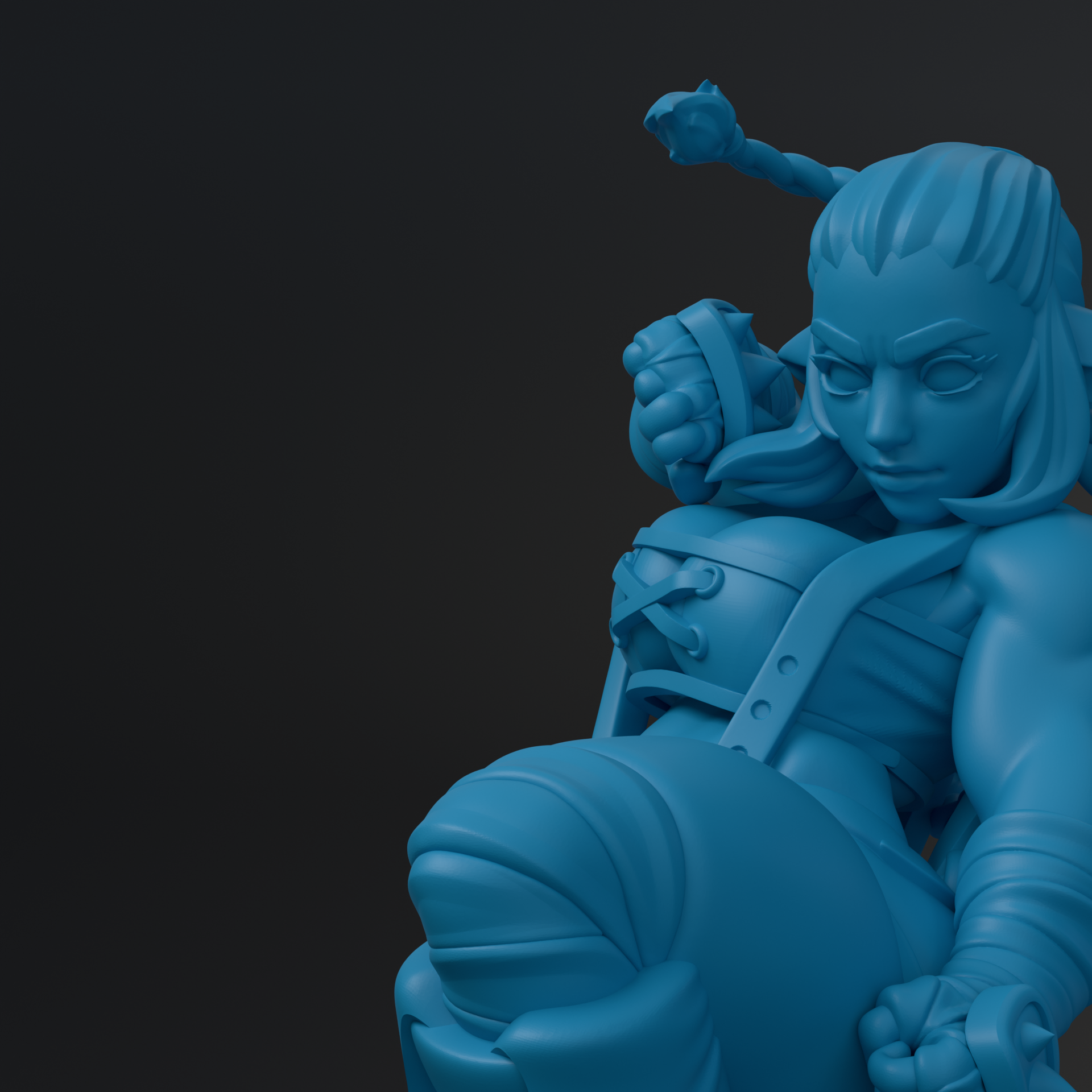 A 3D rendering of a blue-colored character with a determined expression, standing in a dark background.