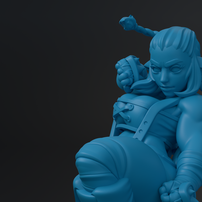 A 3D rendering of a blue-colored character with a determined expression, standing in a dark background.