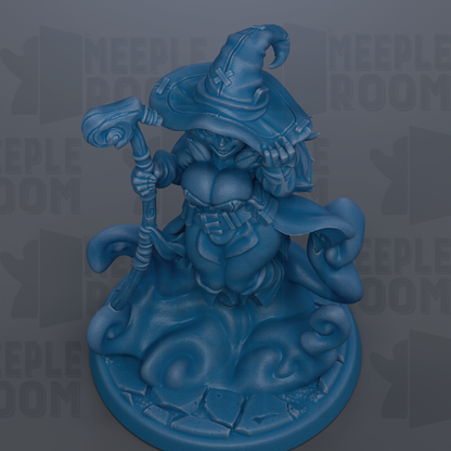 A blue figurine of a wizard or magical figure, holding a staff and standing on a platform with a wave-like design.