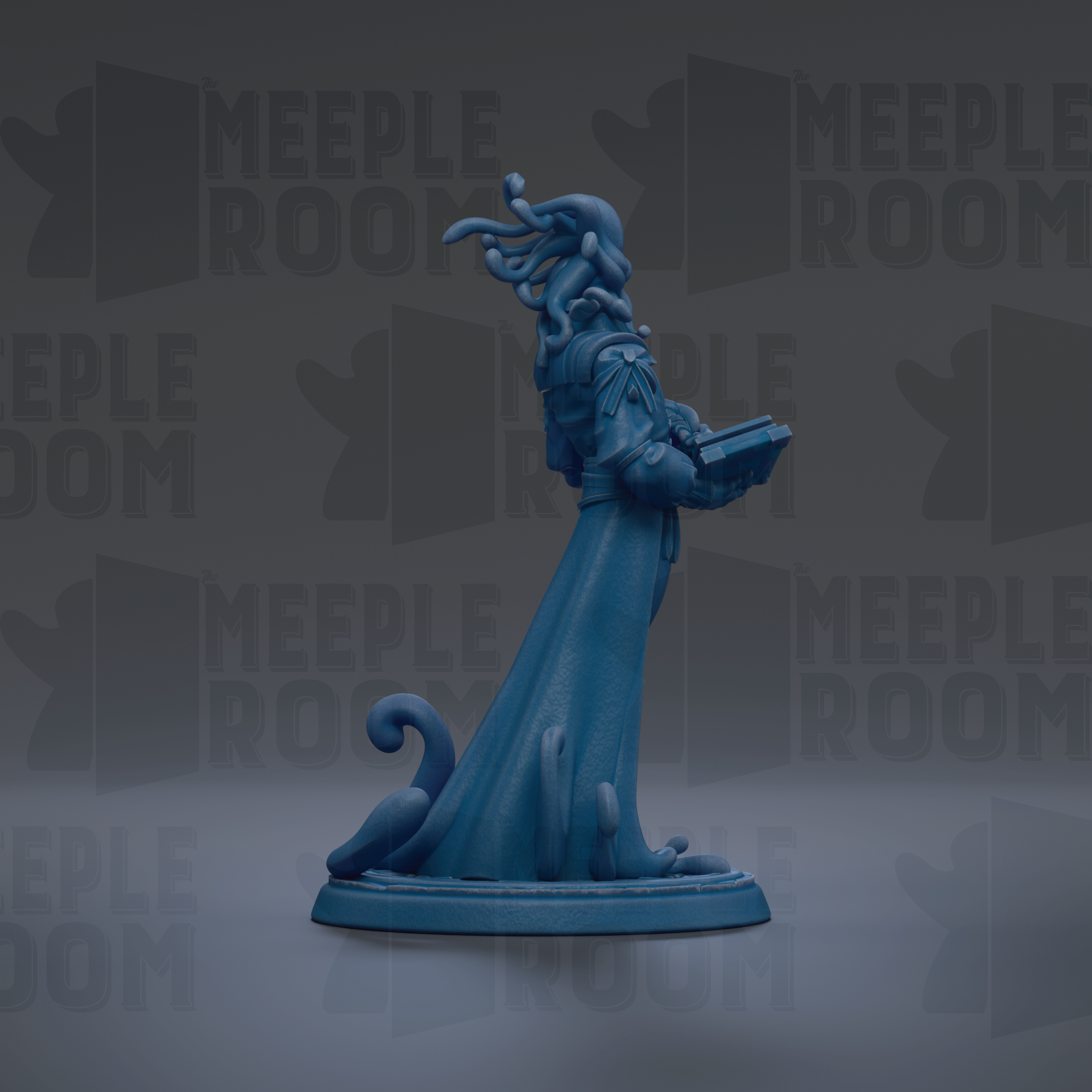 A blue figurine of a person holding a book, standing on a base with a snake-like design, against a dark background with repeated text.