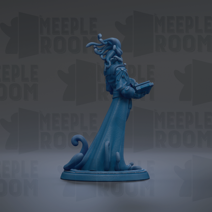 A blue figurine of a person holding a book, standing on a base with a snake-like design, against a dark background with repeated text.