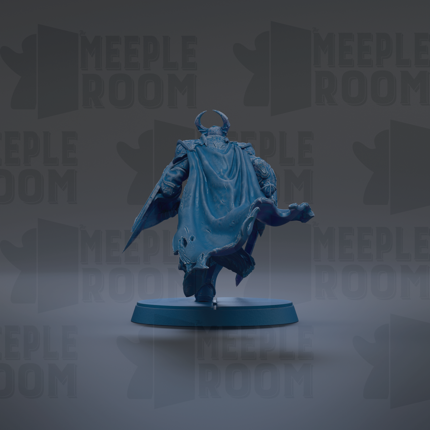 A blue statue of a figure with horns and a flowing cape, standing on a blue base against a dark background with repeated text.