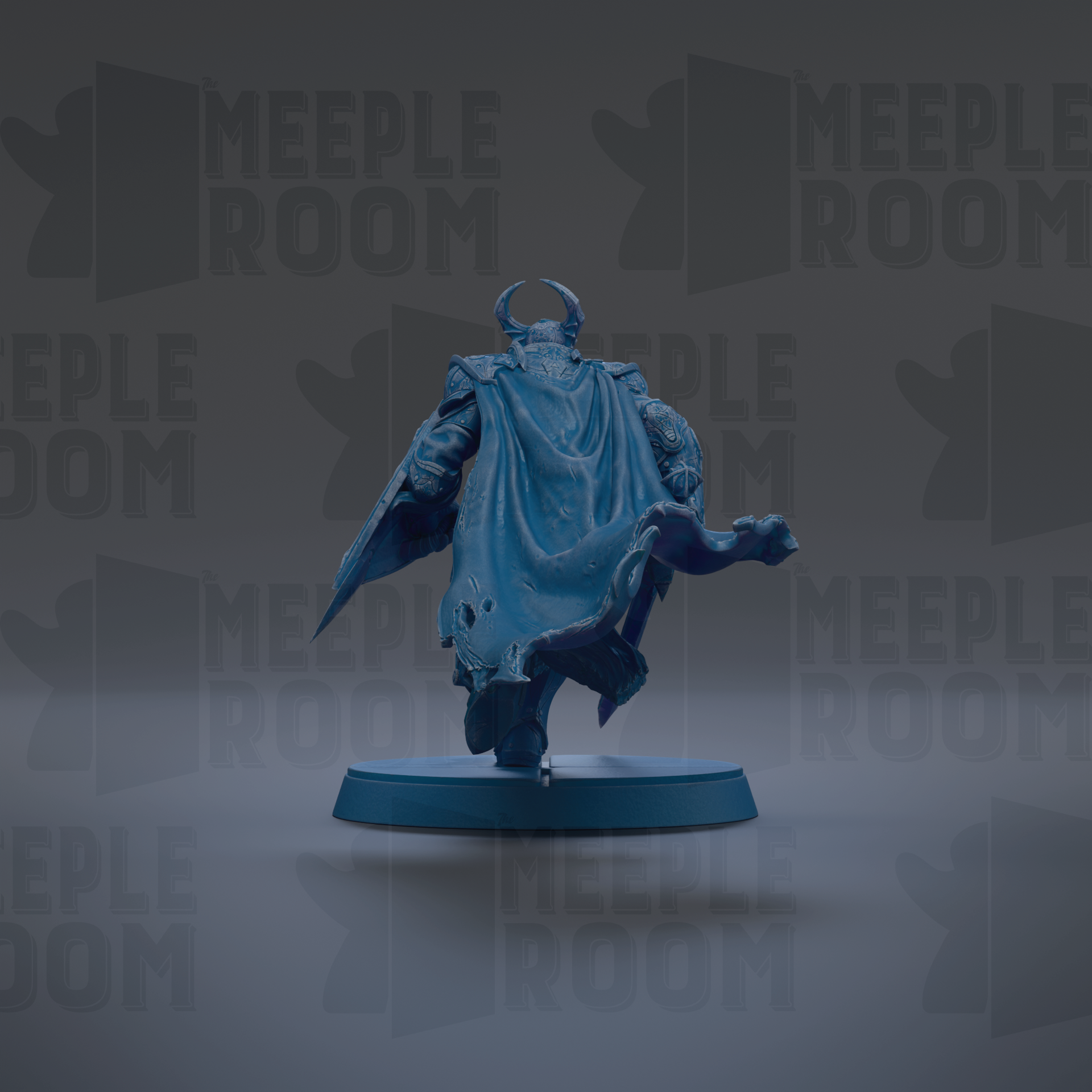 A blue statue of a figure with horns and a flowing cape, standing on a blue base against a dark background with repeated text.