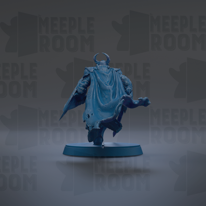 A blue statue of a figure with horns and a flowing cape, standing on a blue base against a dark background with repeated text.