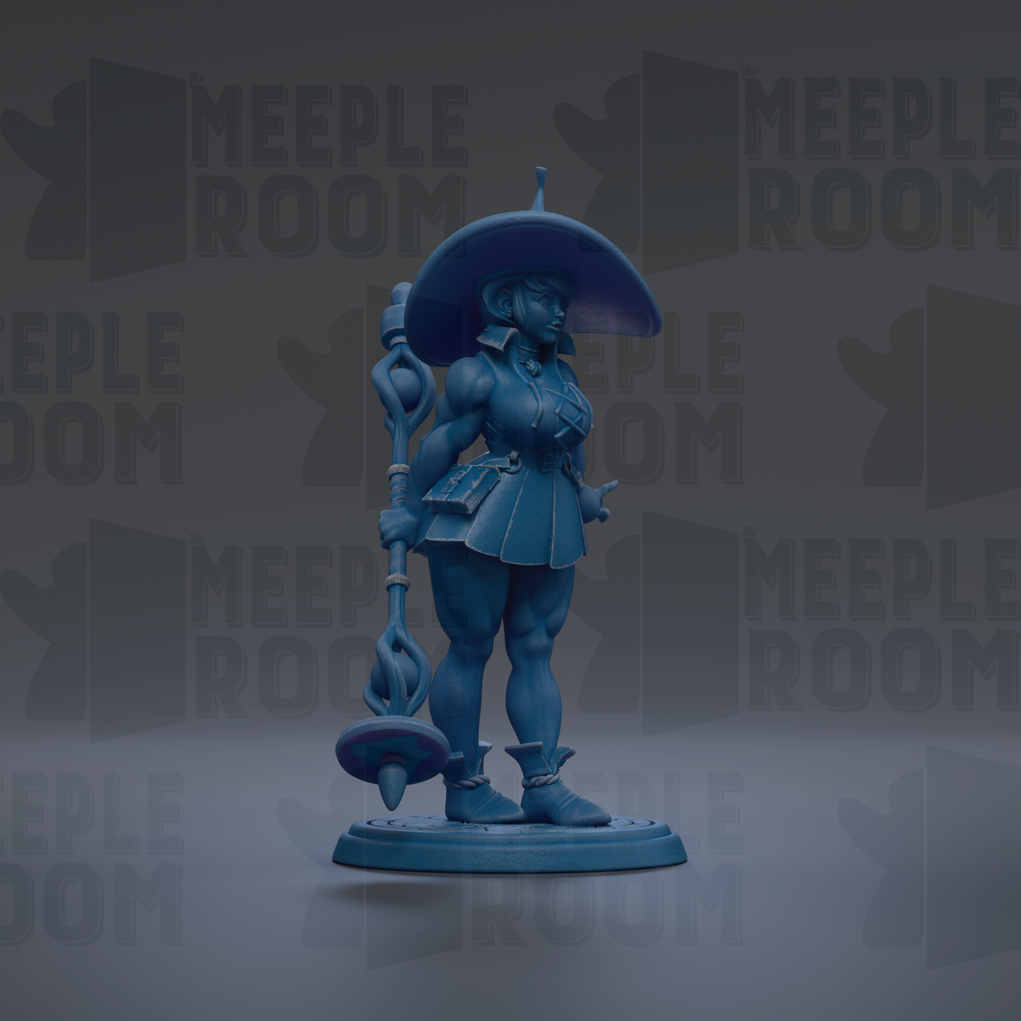 A blue figurine of a woman holding a staff and a hat, standing on a platform against a dark background with repeated text.