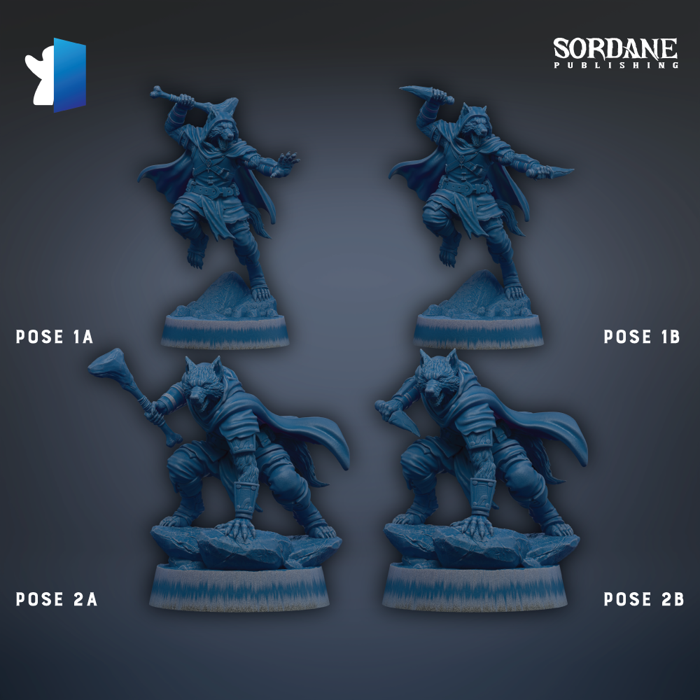 four figurines of characters, each with different poses and weapons, arranged in a grid-like pattern against a dark background.