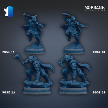 four figurines of characters, each with different poses and weapons, arranged in a grid-like pattern against a dark background.