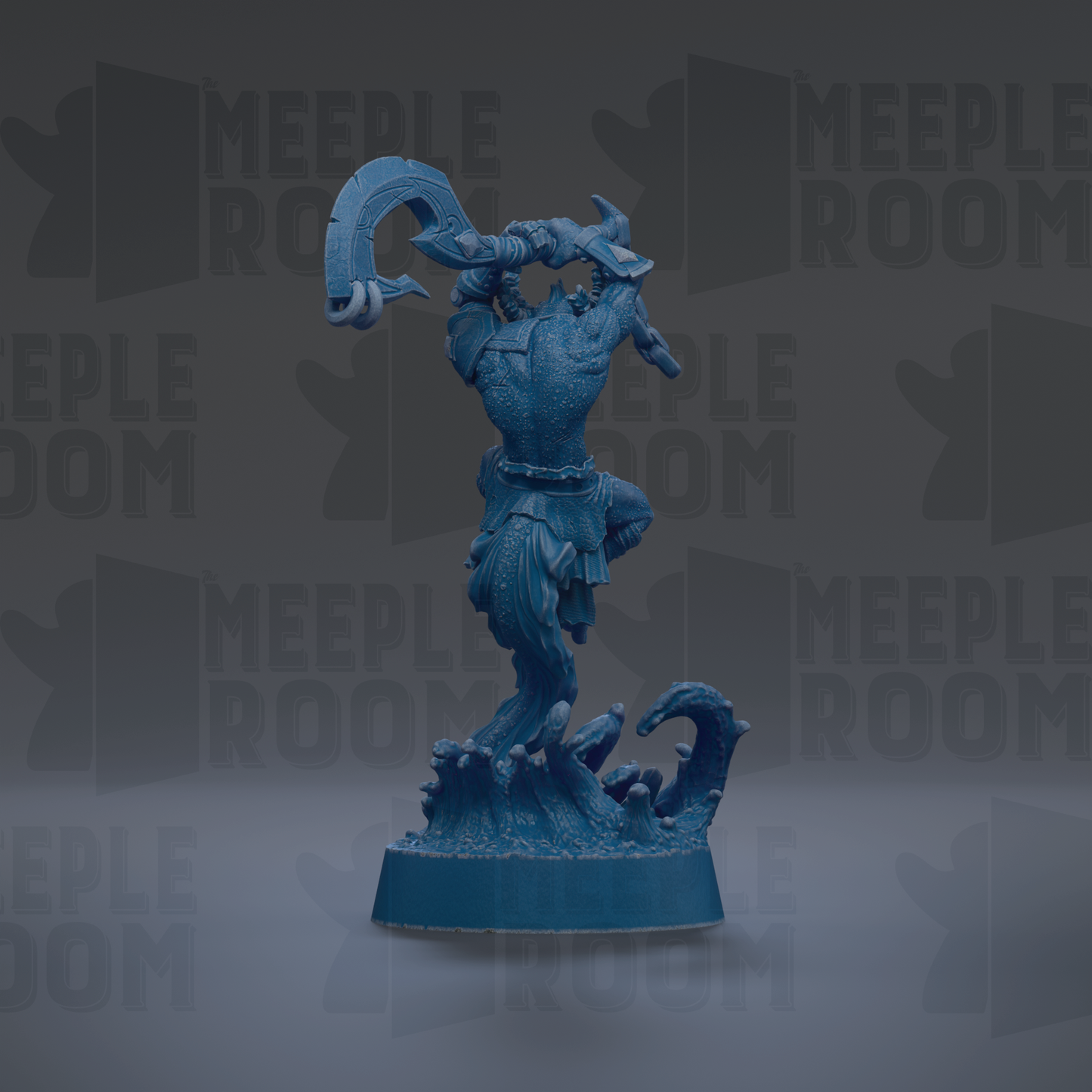 A blue figurine of a warrior-like character with a sword and shield, standing on a base and holding a shield in its hand.
